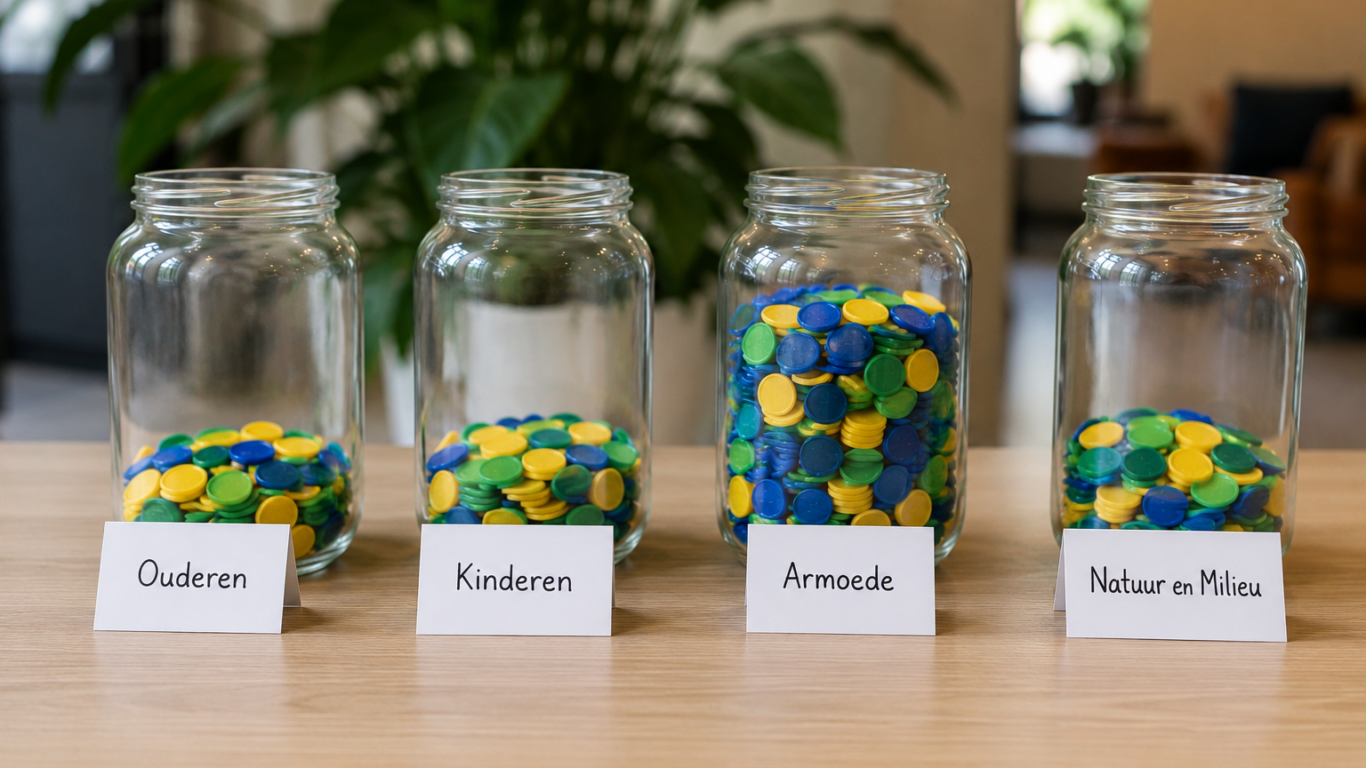 Vier glazen potjes met gekleurde stemmuntjes op een houten tafel tijdens een stemronde voor goede doelen, waarbij armoede de meeste stemmen heeft gekregen.