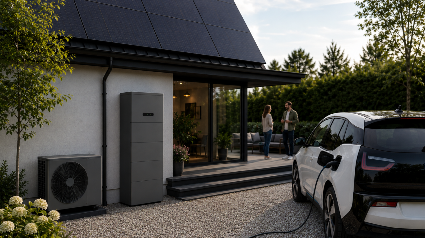 Woning met elektrische auto, warmtepomp, zonnepanelen, thuisbatterij