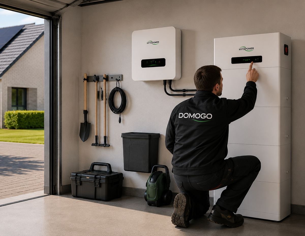 Installateur controleert professionele vaste Hyxi thuisbatterij