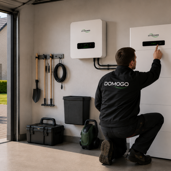 Installateur controleert professionele vaste Hyxi thuisbatterij