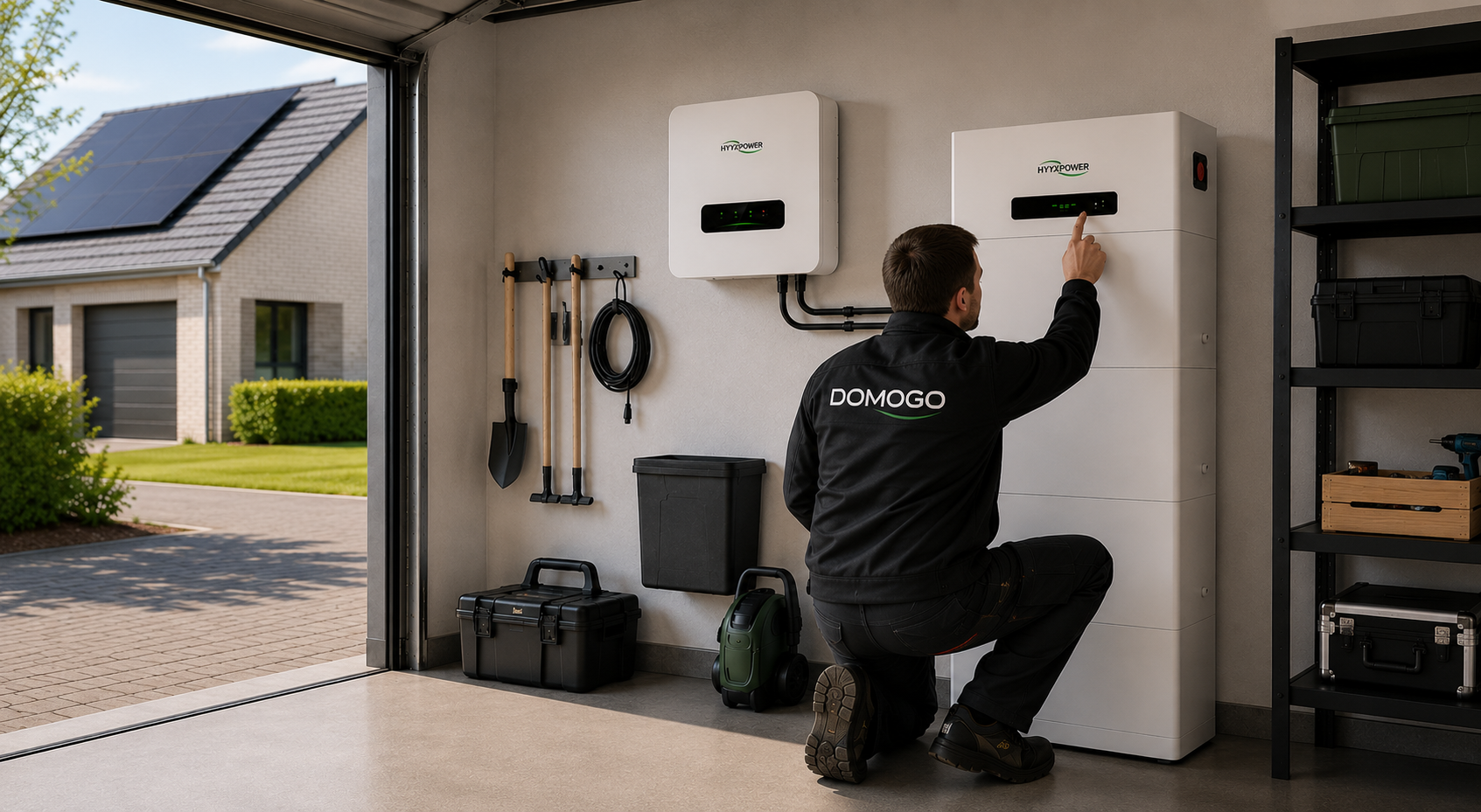 Installateur controleert professionele vaste Hyxi thuisbatterij