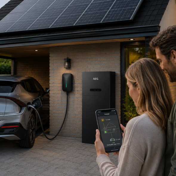 Woning met slimme laadpaal, zonnepanelen, slimme thuisbatterij en app