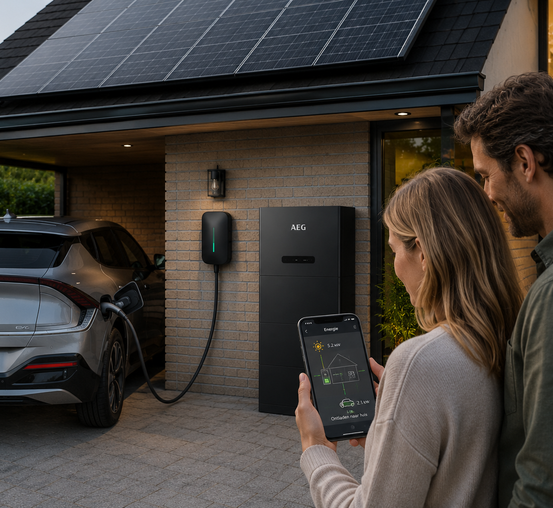Woning met slimme laadpaal, zonnepanelen, slimme thuisbatterij en app