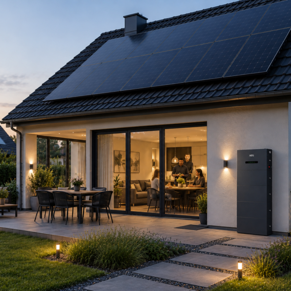 Duurzame woning met zonnepanelen en slimme thuisbatterij