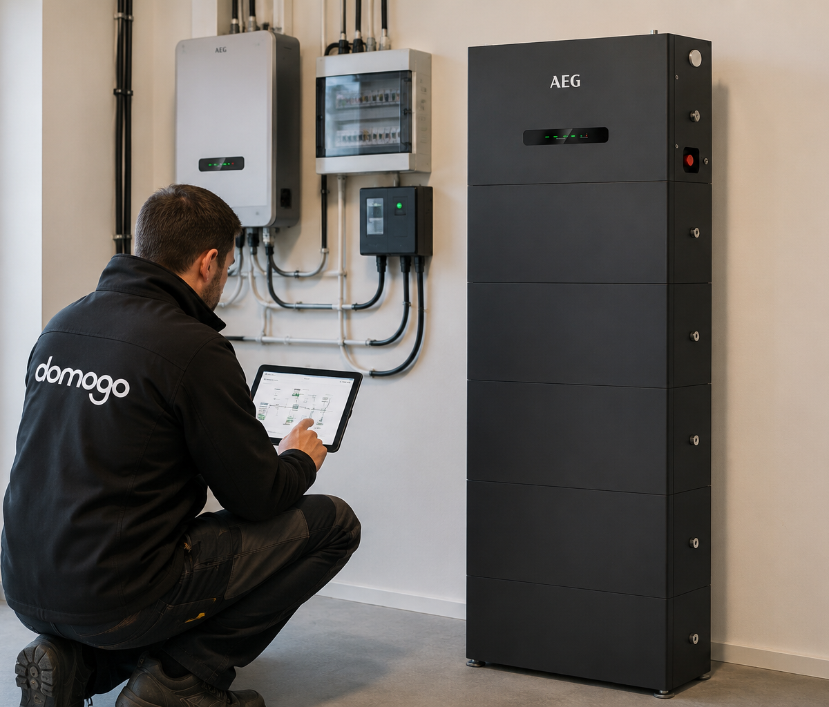Installateur Domogo bij een AEG slimme All-in-one batterij