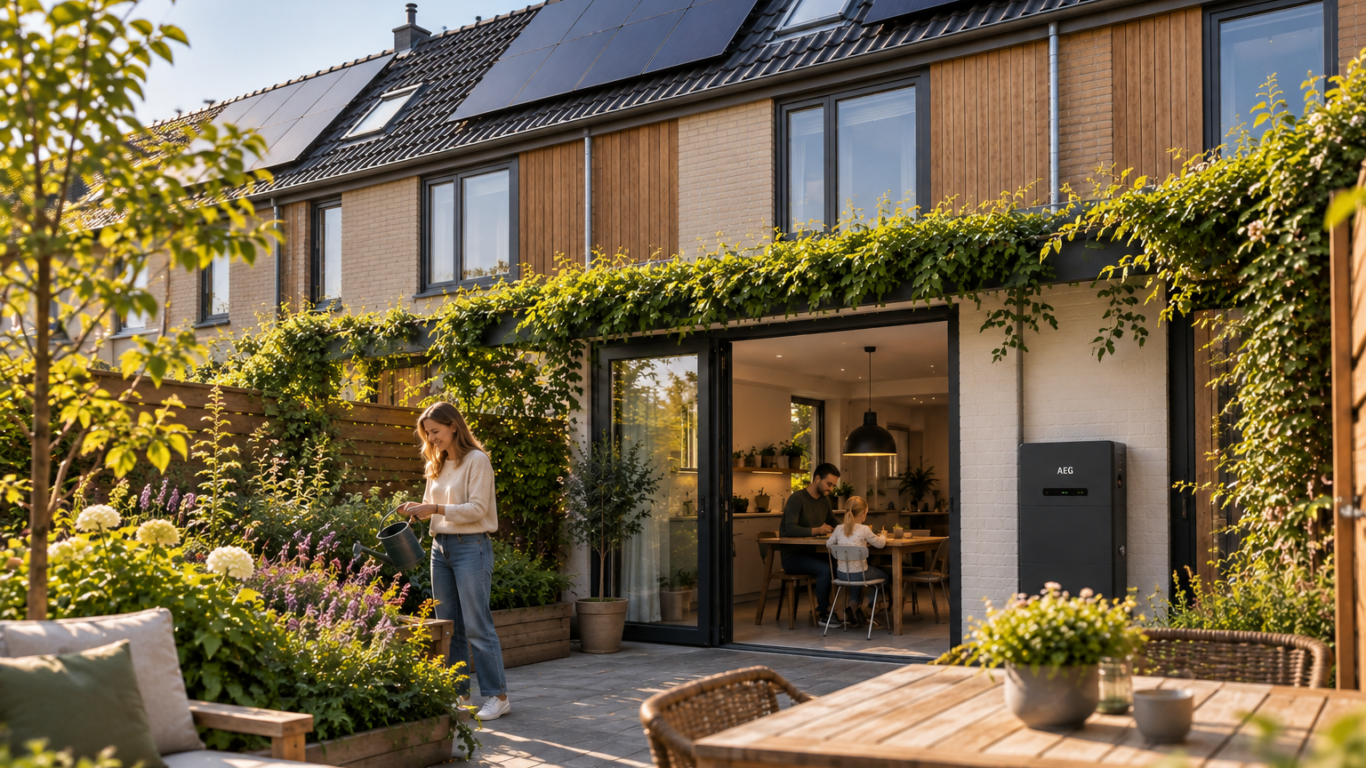 AEG all-in-one slimme thuisbatterij tegen gevel geplaatst