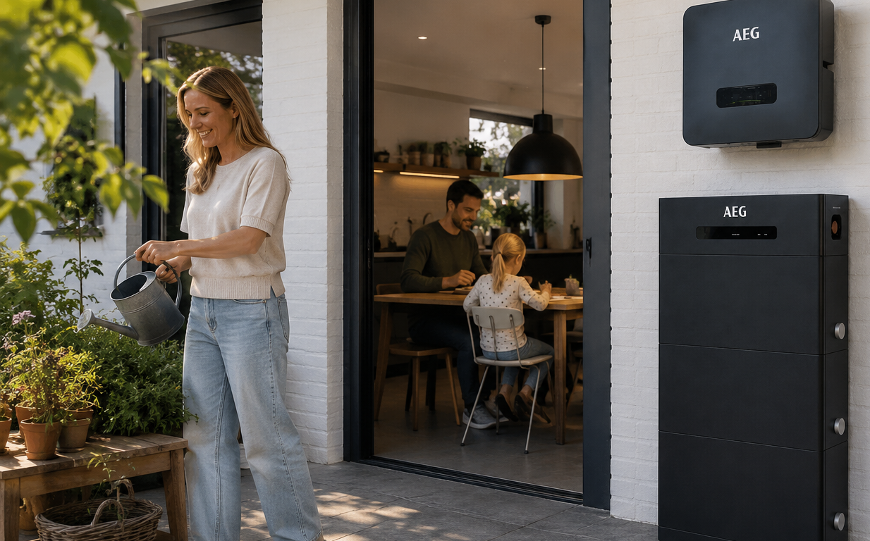 AEG hybride 15 kwh slimme thuisbatterij buiten tegen gevel