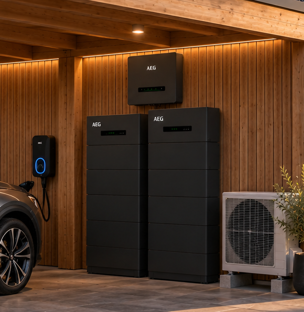 Carport met 53 kWh AEG hybride thuisbatterij