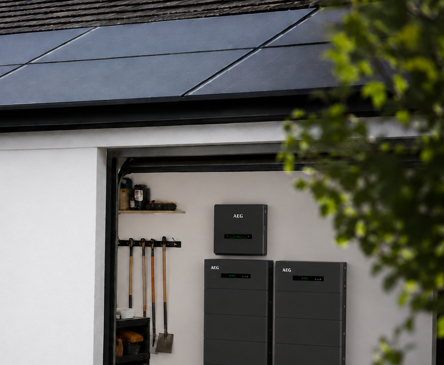 Garage met 30 kWh AEG hybride thuisbatterij