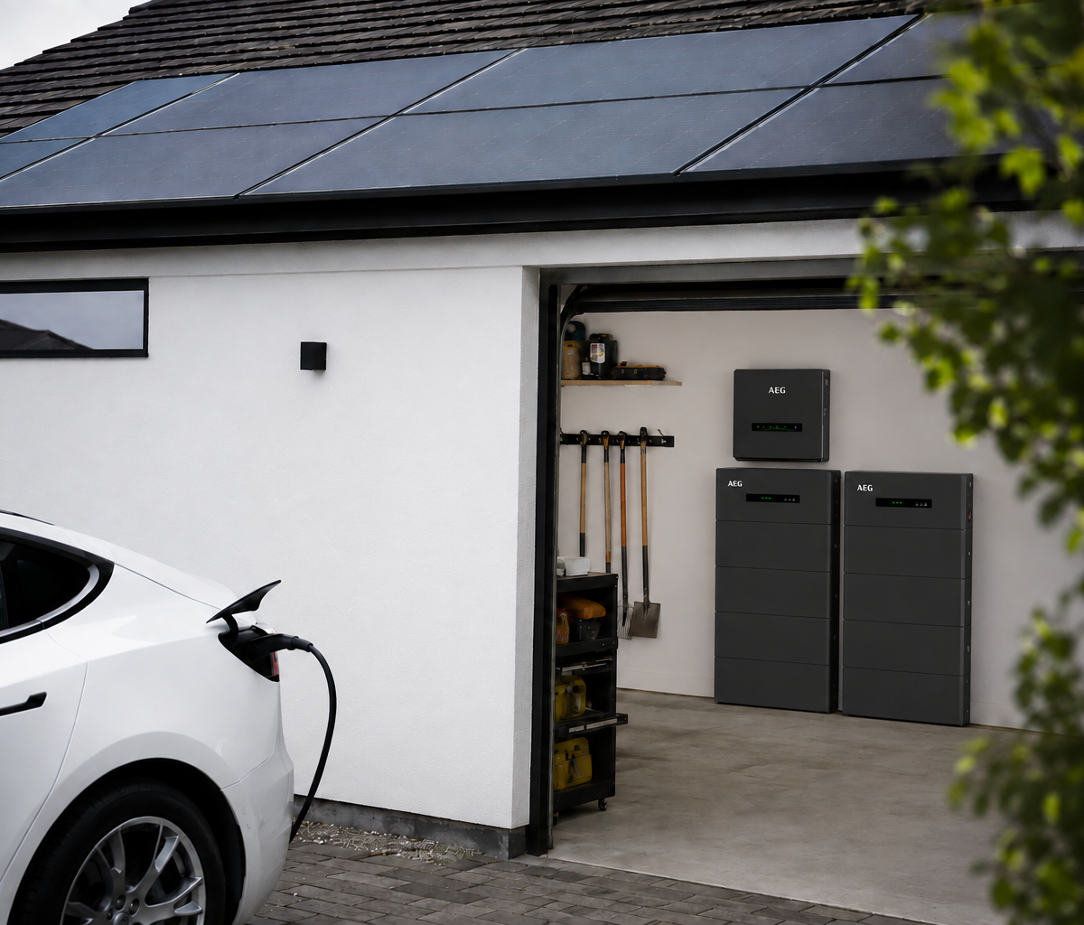 Garage met 40 kWh AEG hybride thuisbatterij