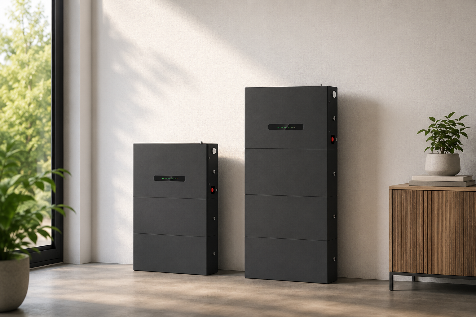 Vergelijking van thuisbatterijen met verschillende capaciteiten: een modulaire batterij van 10 kWh en een van 15 kWh.